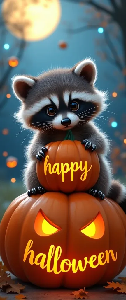 A photo of a fluffy baby raccoon with large, honey-colored eyes, sitting on a large pumpkin. The raccoon is holding an orange pumpkin with the name "Hapoy Halloween" written in black cursive letters. There are small, smiling, and playful spirits with blue ...