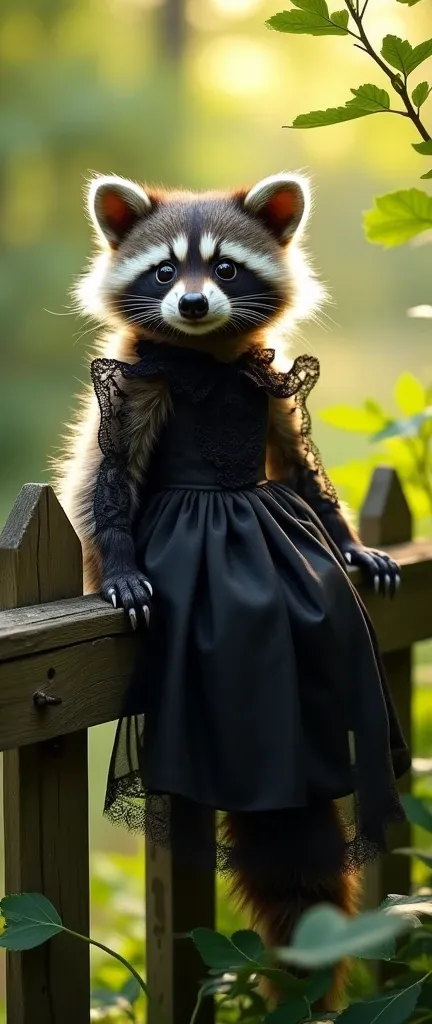 A photo of a cute, fluffy baby raccoon wearing a Morticia Addams fancy dress costume. The raccoon is sitting on a wooden fence and has its eyes wide open. The background is a lush green forest with sunlight filtering through the leaves.