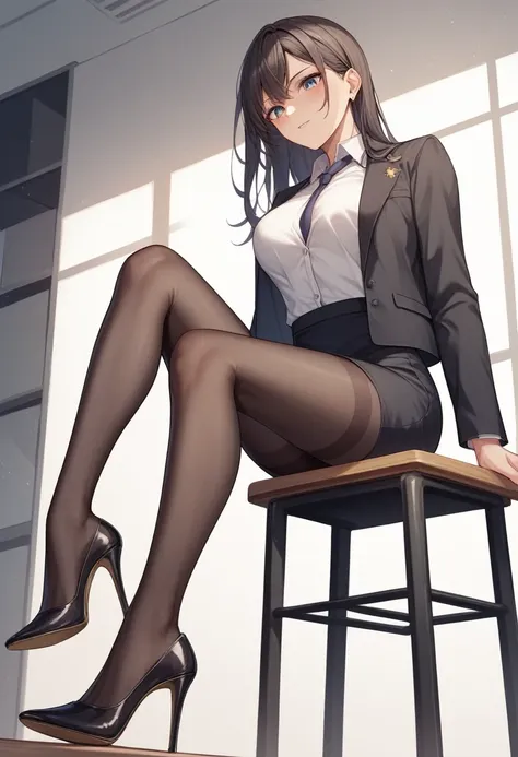 ((Best Quality)), ((masterpiece)), (be familiar with) Perfect Face、Mature beautiful woman、Sitting with legs crossed, ,whole body, See the audience at your feet、Looking down、Office Style、business suit、Black jacket、White open shirt、Black knee-length pencil s...