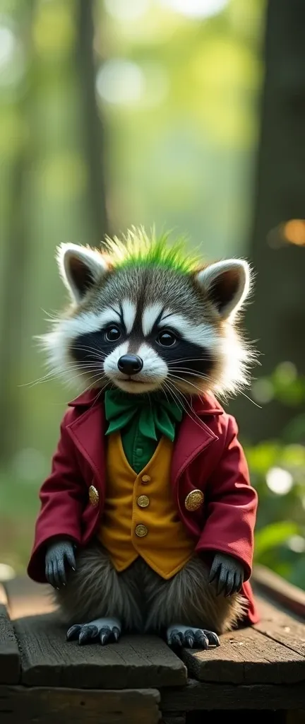 A photograph of a cute, extra fluffy baby raccoon wearing a Joker costume. The raccoon has chalk-white skin, green hair, and a permanent grin. It is sitting on a wooden structure. The background is a forest with green trees. The lighting is soft.