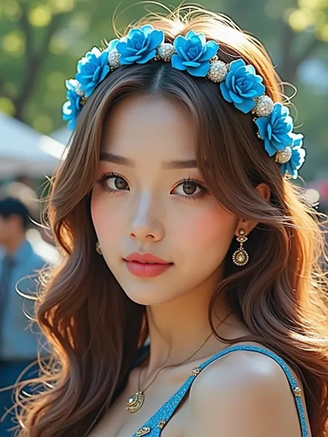 An upper body image of a beautiful korean woman, multicolored  wavy hair, light brown eyes, and bold eyeliner. She has fake nails,  and her lips are shiny and full. The extreme realism focuses on her detailed skin, showing fine textures and natural highlig...