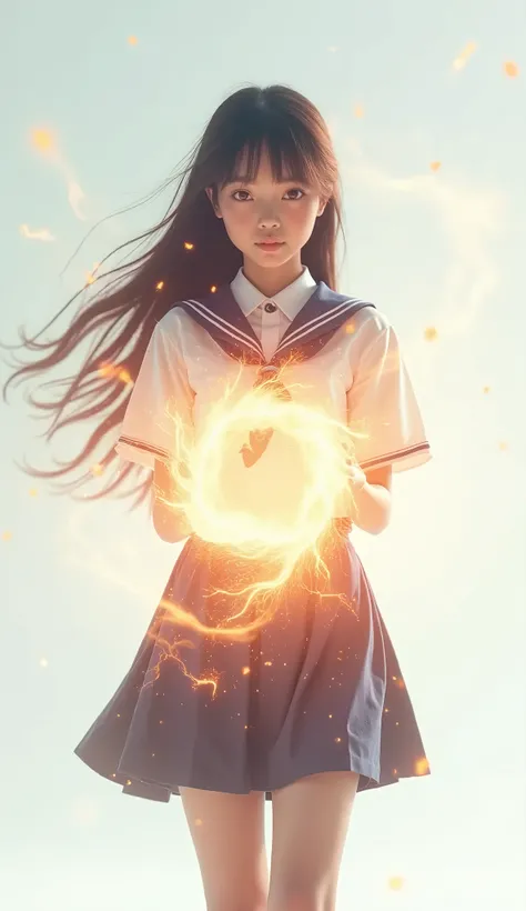 live-action、Genuine、Very beautiful Japanese schoolgirl、Harvesting energy from the atmosphere、Creates a mass of energy in front of it.、White background