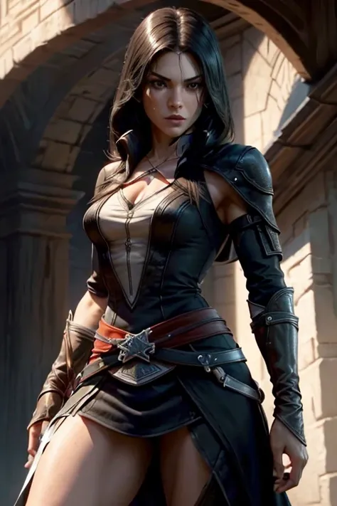 Reinesance battle with Jennifer Carpenter looks like (black hair, fit/muscular arms, assassins creed inspired dress)
