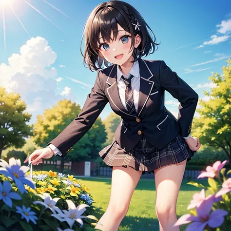 (Best Quality)、One high school girl、Short black hair、rope braid、smile、Open your mouth、(Small breasts)、White ribbon、blazer、Black regular tie、black plaid mini skirt、leaning forward、Place your hands on your thighs、Blooming garden and blue sky background