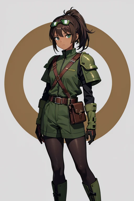 Anime Art、Full body portrait、Characters of the early modern period、Dark-skinned woman、Background blank、A tall female pilot with dark skin, standing upright, about 175 cm tall, about 3, wearing a dark green military uniform and dark green shorts、Wears large...