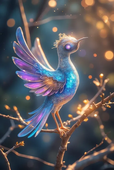 create an ethereal, luminous bird with fluorescent feathers in shades of blue, purple, and white, perched on slender, swirling b...