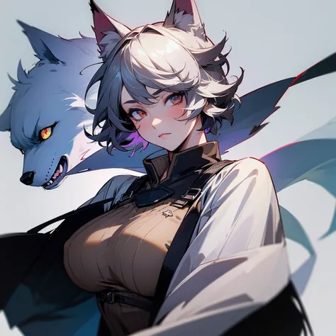 1 girl, big breasts, Wolf ears, high resolution, Accuracy, High detail, high quality, Short Hair, language, Sulking, simple background, Scar on one eye, 