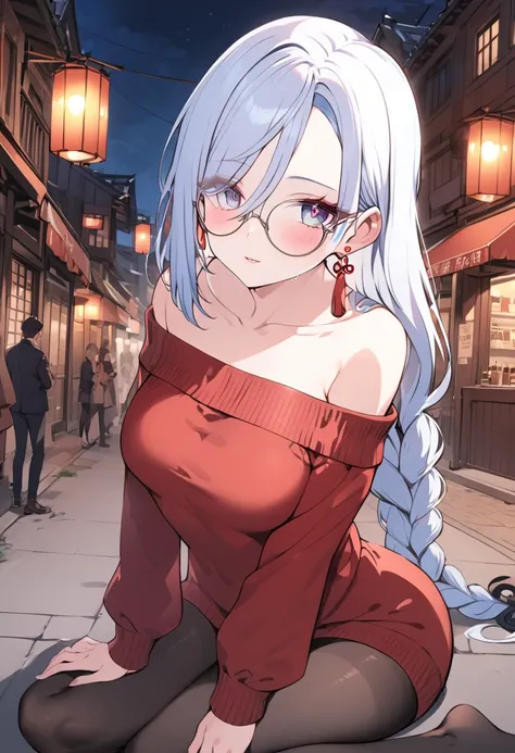 1 women, BREAK bare shoulders, collarbone, dress, long sleeves, off shoulder, off-shoulder dress, off-shoulder sweater, pantyhose, red sweater, sweater, sweater dress, thighs, long legs, big , skinny legs, anime cover, full body, shenhe, blue eyes, braided...