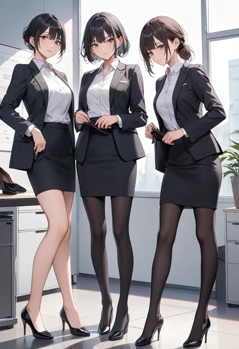 ((Best Quality)), ((masterpiece)), (be familiar with) Perfect Face、Two beautiful mature women、At work、The whole body, even the toes, See the audience at your feet、Looking down、Office Style、business suit、Black jacket、White open shirt、Black knee-length penci...