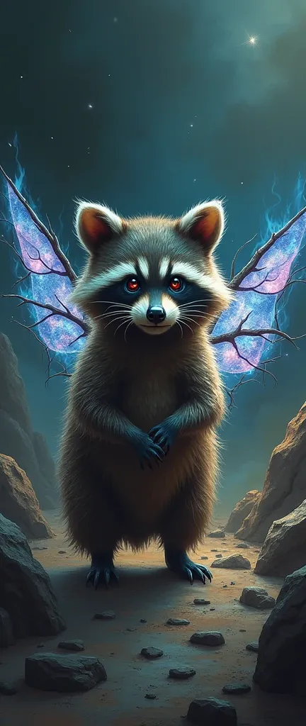 A dark fantasy image of a demonic cute extra fluffy baby raccoon with wings. The raccoon is standing on a rocky terrain. The wings are intricately formed from decaying ivy, branches, and fire. The wings emit a hazy, bioluminescent fiery glow. The backgroun...