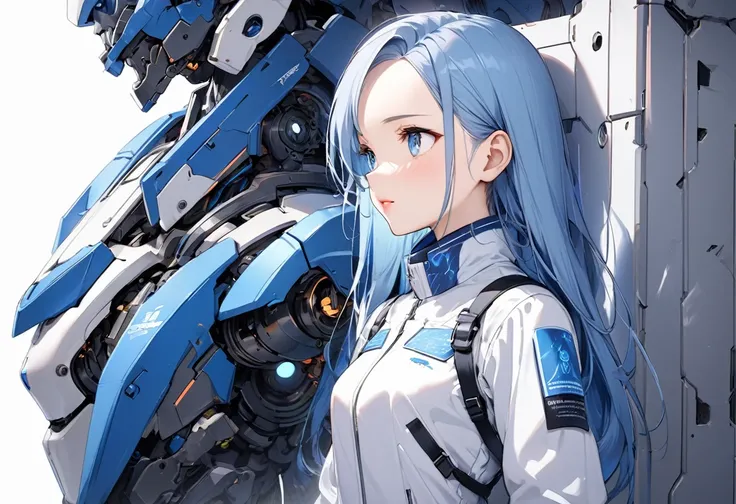 (beautiful and delicate illustration), (profile), a (beautiful forehead) (best beautiful blue hair long hair) (best cute girl is 15 yo, To be searched), (cute blue eyes) (serious face, glossy lip), (small tits), in a blue battle uniform, navy skirt, break,...