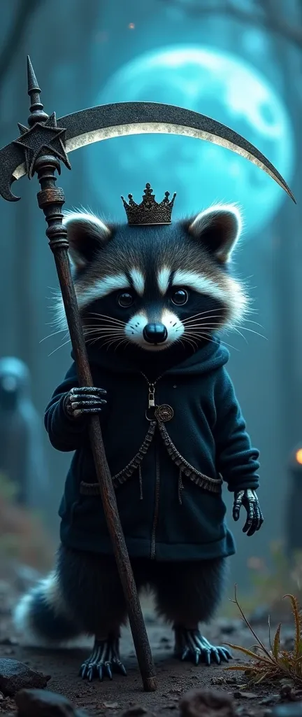 A whimsical and dark fantasy photograph of a cute, extra fluffy baby raccoon dressed as the celestial god of death. The raccoon wears a black outfit with a hood and has a skeletal face with large, expressive eyes. It holds a scythe that emits a ghostly neo...