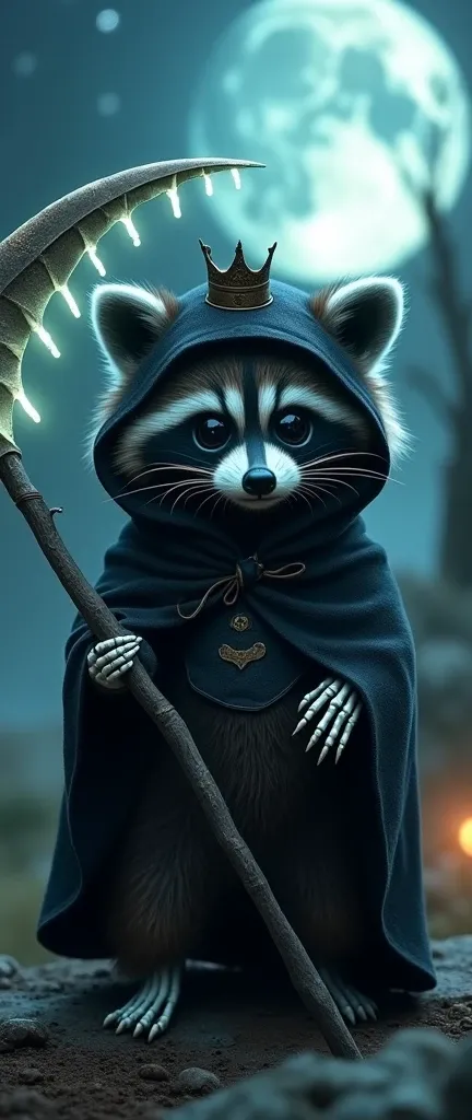 A whimsical and dark fantasy photograph of a cute, extra fluffy baby raccoon dressed as the celestial god of death. The raccoon wears a black outfit with a hood and has a skeletal face with large, expressive eyes. It holds a scythe that emits a ghostly neo...