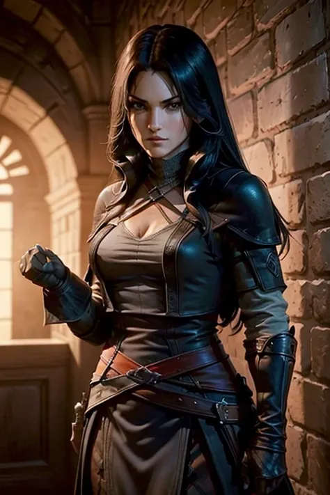 Reinesance castle siege with Jennifer Carpenter looks like (black hair, fit/muscular arms, assassins creed inspired dress) defending the castle walls.
