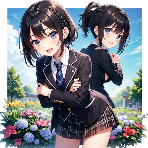 (Best Quality)、One high school girl、Short black hair、braid hair, ponytail、smile、Open your mouth、(Small breasts)、White ribbon、blazer、Black regular tie、black plaid mini skirt、leaning forward、crossed arms、Blooming garden and blue sky background