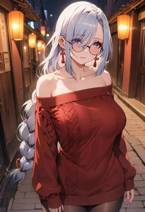 1 women, BREAK bare shoulders, collarbone, dress, long sleeves, off shoulder, off-shoulder dress, off-shoulder sweater, pantyhose, red sweater, sweater, sweater dress, thighs, long legs, big , skinny legs, anime cover, full body, shenhe, blue eyes, braided...