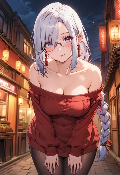 1 women, BREAK bare shoulders, collarbone, dress, long sleeves, off shoulder, off-shoulder dress, off-shoulder sweater, pantyhose, red sweater, sweater, sweater dress, thighs, long legs, big , skinny legs, anime cover, full body, shenhe, blue eyes, braided...