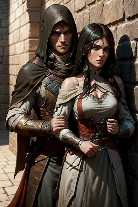 Mount and Blade Bannerlord - Assassins Creed Brotherhood - Reinesance castle siege with Jennifer Carpenter looks like (black hair, fit/muscular arms, assassins creed inspired dress) defending the castle walls.
