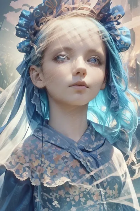 (masterpiece、Best Quality、super high quality、Beautiful and beautiful:1.2)、(Child with ice blue hair and ribbon)、smile、(theme:Lots of ribbons)、Adult Suit、Lace ribbon、Abundant、Fractal Curly Hair、(Double Exposure、Intersecting Ribbons Background、Light blue wit...