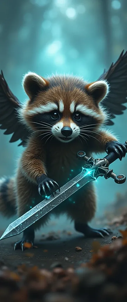 A photo of a cute, extra fluffy baby raccoon with wings spread wide and sharp claws extended. The raccoon is wielding a menacing sword that emits a sinister, otherworldly aura. The background is a swirling vortex of dark energy. The overall atmosphere is o...