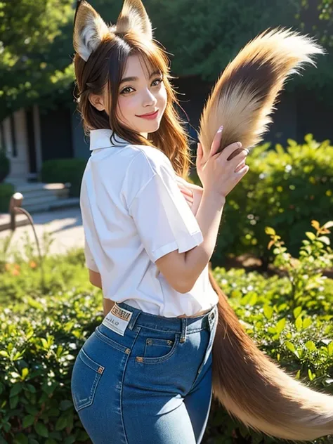 ((Best Quality, 8k)), ((masterpiece)), (Highest Resolution), Perfect Face, Woman with fox ears, Woman with a tail, Beautiful woman, It was taken in the garden, Only one tail, She has thick thighs, Her big fox tail, I can see her fox tail, She wags her tail...