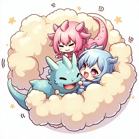  dragon-girls playfully wrestling with each other inside a  comical fight cloud.
each dragon-girl has different  colored hair.
their faces,hands,and feet are visible emerging from the cloud as they tussle humorously,  with the rest of their bodies complete...