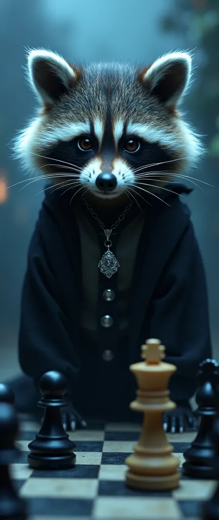 A photo of an extra fluffy baby raccoon wearing a black and white chess-inspired outfit and a sinister chess piece pendant. The raccoons eyes are filled with a supernatural glint, and its expression conveys a mixture of cunning and danger. The background i...