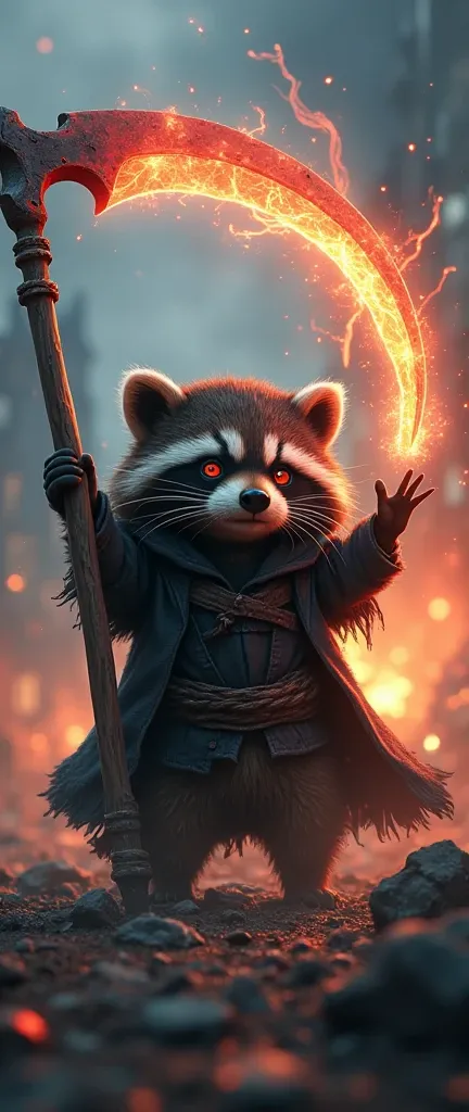 A photo of a fluffy baby raccoon dressed as the lord of chaos. The raccoon is wearing dark, ominous attire with a hood concealing its face. It is raising its arms, casting a sinister, swirling vortex of chaotic energy around it. There is a hint of red arou...