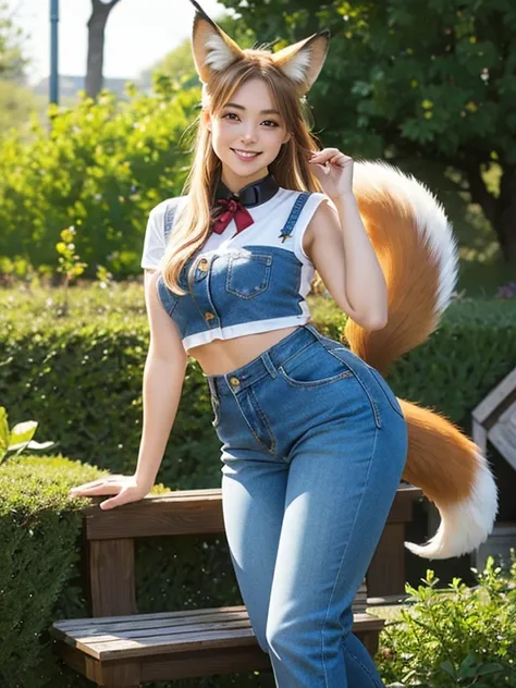 ((Best Quality, 8k)), ((masterpiece)), (Highest Resolution), Perfect Face, Woman with fox ears, Woman with a tail, Beautiful woman, It was taken in the garden, Only one tail, She has thick thighs, Her big fox tail, I can see her fox tail, She wags her tail...