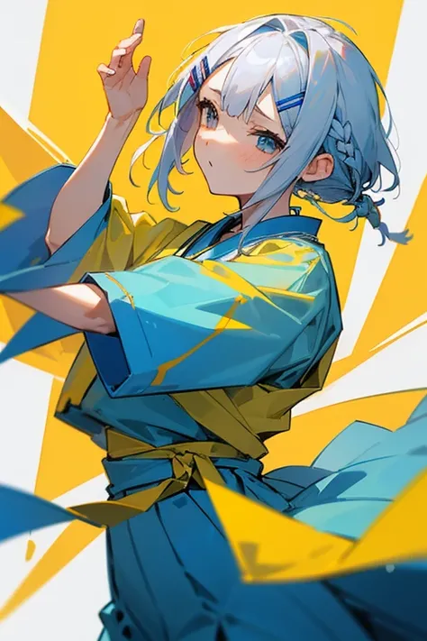 Short white hair, , 、Headbang 2.、、Braiding、2 hair clips、Tie your hair up、Yellow and blue clothes、Okinawa style、The image of the face remains the same、No, target、Okinawa Costume、Dance happily、