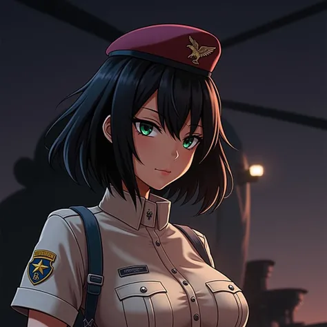 masterpiece, photorealistic, Ultra-HD, 16 thousand., complex details, maximum detail, woman, short haircut black hair shoulder length, green eyes, big breasts, On his head he wears a maroon beret of the US Army paratrooper, dressed in a buttoned-up airborn...