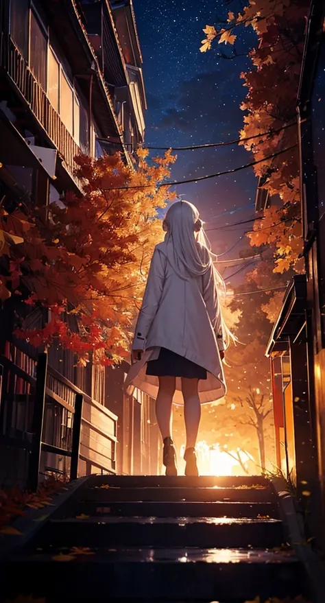 １people,Woman with long white hair，White long coat， Mini skirt silhouette， Rear View， Anime Style,evening， Ginkgo Tree Line in Autumn，，night，Autumn cityscape，