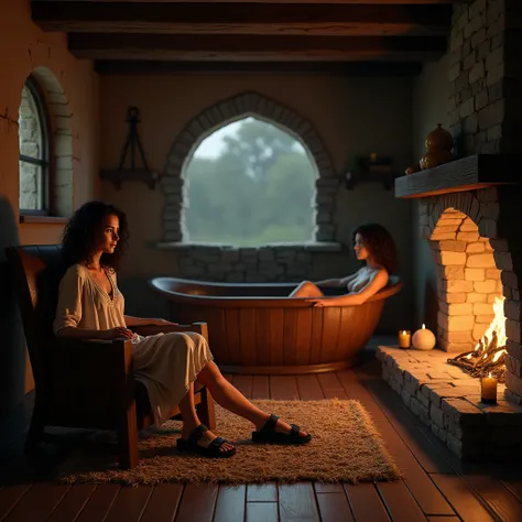 Interior of a medieval countryside cottage in the early evening. Wooden floor. wooden-framed roof. Candle-lit. A stone fireplace on the right. A wide straw bed. A window. Rainy and cloudy outside. A latin teenage girl sitting on a wooden armchair. Wearing ...