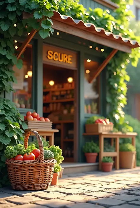 store front, with the description "grocery store" with a little basket, with the green colors,longing 
