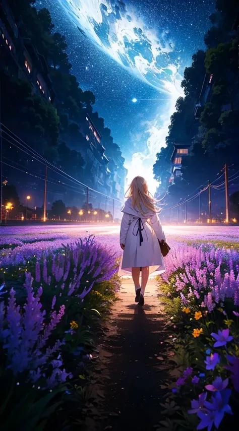 １people々,Blonde long hair woman，White long coat， Dress Silhouette， Rear View，universe ，Flower Field，night，moon，Colorful flowers