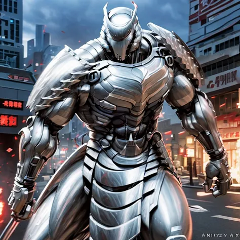 (silver samurai, 3D rendering), background city street center, clear HD, 8K resolution, very detailed, digital painting, concept art, Shinkai Makoto style, pop popularization trend, pop, pop trend on pixiv.