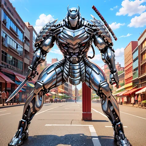 (silver samurai, 3d rendering), background city street center, clear hd, 8k resolution, very detailed, digital painting, concept...