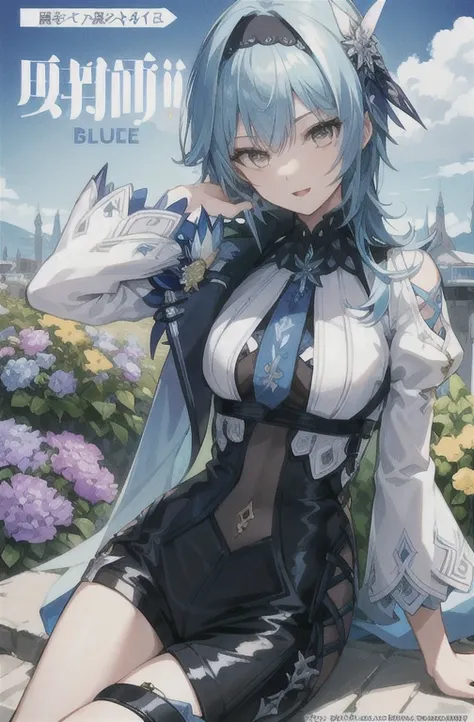 ((  long hair, blue hair, blue hair, yellow purple eyes))(( smile)( open mouth))((( elegant girl),( slender body)),(( blue color clothes)))(( shorts))(( sitting,))(( clearly drawn face))(( beautiful detailed eyes, super detailed skin))(( flower garden, out...