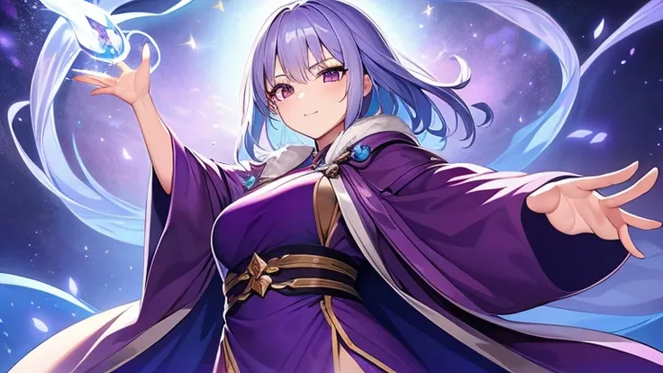 A female wizard in a deep purple robe、Cast a spell with graceful gestures、Magical energy swirls around her.。The gaze is powerful、While exuding adult charm、A mysterious light overflows from her hands.。