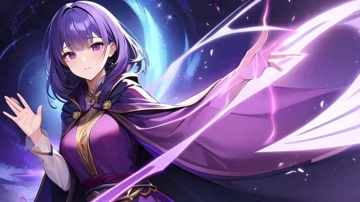 A female wizard in a deep purple robe、Cast a spell with graceful gestures、Magical energy swirls around her.。The gaze is powerful、While exuding adult charm、A mysterious light overflows from her hands.。