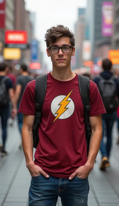 A 2 nerdy white guy with brown eyes and short dark brown hair. Hes wearing a Flash t-shirt, jeans, and a backpack. Hes standing outside a convention center and the people around him, as well as the background, are out of focus.