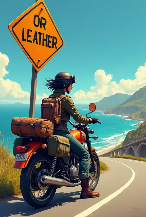 There is a sign on the side of the road that says「OR LEATHER」It is written in capital letters、Beautiful and attractive smiling woman with short dark hair wearing a vintage helmet、goggles、military jacket、Cargo pants、gloves、Put on your boots、A sturdy bike wi...