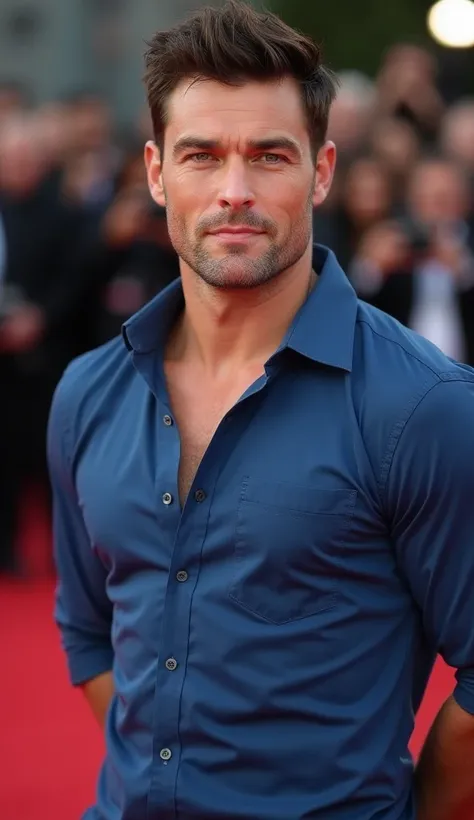 Photorealistic image of a Hollywood actor. He is American, handsome, muscular, has blue eyes, dark brown hair with a short, modern cut. He is wearing a blue shirt that clearly defines the large muscles of his arms. He is on a red carpet, posing for photos ...