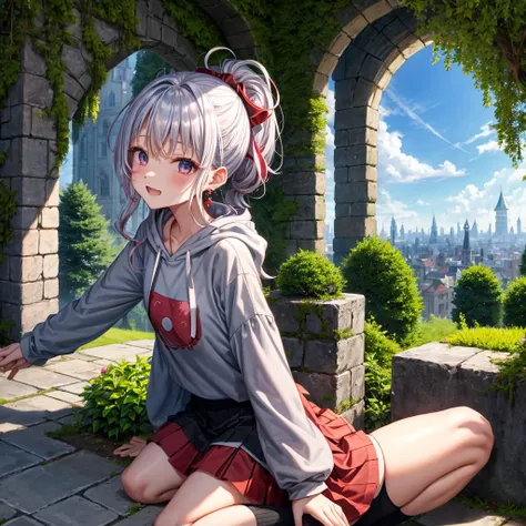 Rainbow red and silver hair、Rainbow Eyes、Wavy Hair、Hair tied up、Two cute、Checked mini skirt、Black T-shirt、Long sleeve、wearing a hood、Black knee-high socks、Teeth are visible、Old Castle、Tilting face、lawn、In front of the city gate、The stone is cracked、Uneven ...