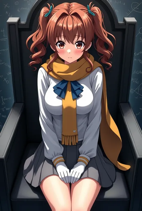 misaka mikoto, solo,Shirai Kuroko,toaru majutsu no index,brown hair,curly twintails,dark brown eyes,small breasts,school uniform,cowboy shot, marker medium, casual, darkside, Close-up of girl, looking at viewers, sharp focus, sit on the black throne, shiny...