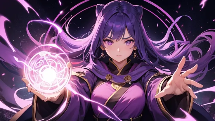 A female wizard in a deep purple robe、Cast a spell with graceful gestures、Magical energy swirls around her.。The gaze is powerful、While exuding adult charm、A mysterious light overflows from her hands.。