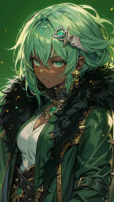 Antique spiked wheel weapon,Dark Skin,Best Quality, Textured skin, Light green hair, Black fur jacket draped over shoulders,Anime Style, Character portrait, Sensual,Glossy lips,Muscular Woman,Lock