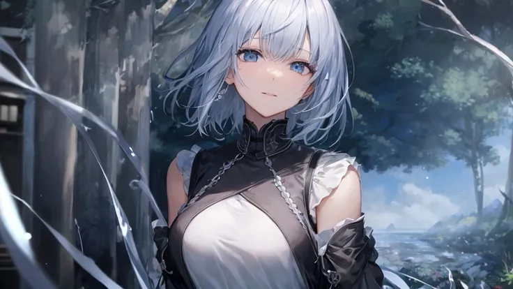 Ultra HD,Look at the viewers, and, 20 years old, 非常にShort Hair, Long bangs between the eyes, Pale blue eyes, Very detailed,(masterpiece、Best Quality),Gray Hair、Laughter、wonderful, Silver Hair, iris, Small face、明るいsmile、(Detailed face) ,Professional Lightin...