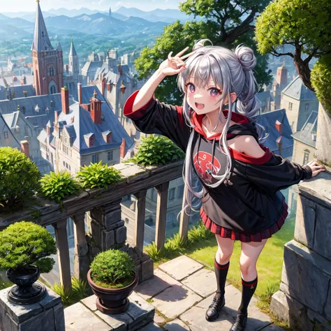 Rainbow red and silver hair、Rainbow Eyes、Wavy Hair、Hair tied up、Two cute、Checked mini skirt、Black T-shirt、Long sleeve、wearing a hood、Black knee-high socks、Teeth are visible、Old Castle、Tilting face、lawn、In front of the city gate、The stone is cracked、Uneven ...