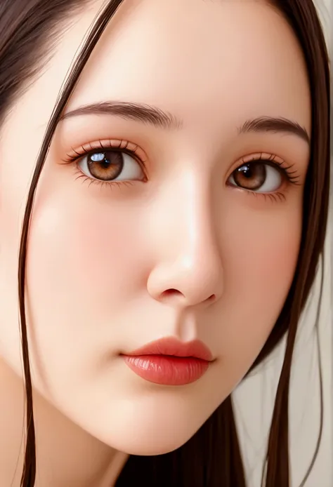 One Japanese mature woman、50 years old、Slimming、Western-like appearance、Glossy long brunette hair、A prominent Mt. Fuji forehead、Narrow face and large almond-shaped eyes、Brown eyes、The corners of the eyes are slightly drooping、More deep-set eyelids、The skin...